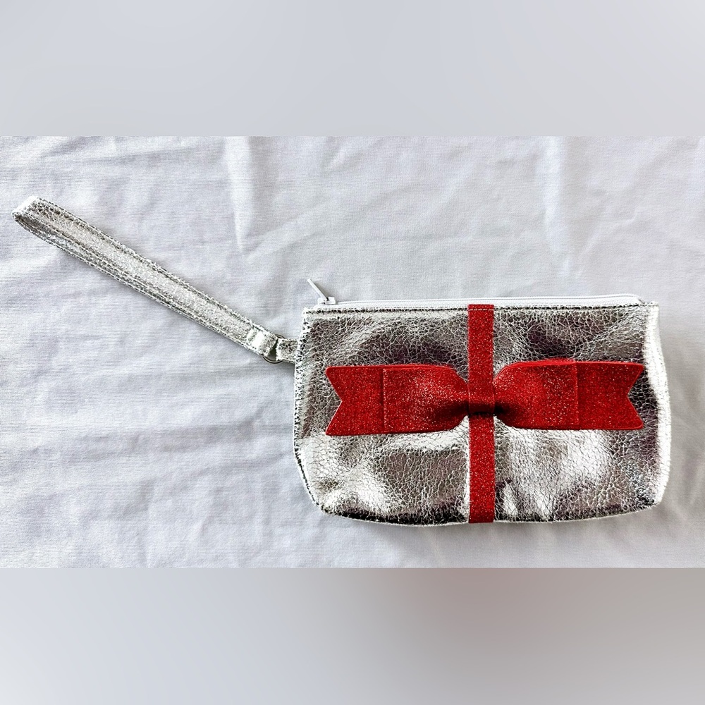Gymboree Metallic Silver Wristlet Pouch – Red Glitter Bow, Zip Top